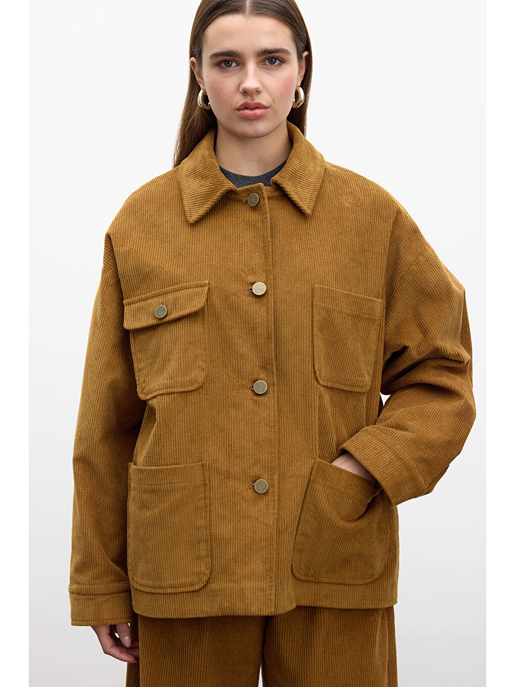 Kahverengi Fitilli Kadife Oversize Ceket Kiremit-5