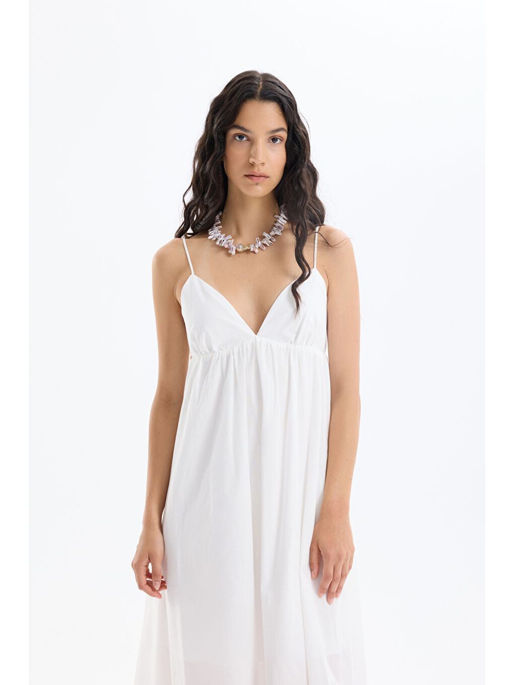 İnce Askılı V Yaka Uzun Elbise Ekru-2