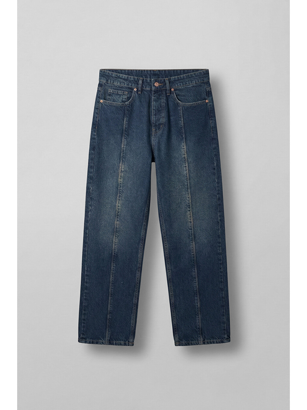 Erkek Ön Dikiş Detaylı Yıkamalı Baggy Jean Koyu Mavi