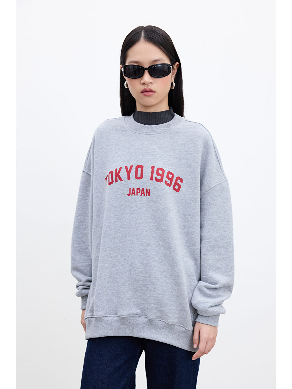 Baskı Detaylı Oversize Sweatshırt Gri Melanj