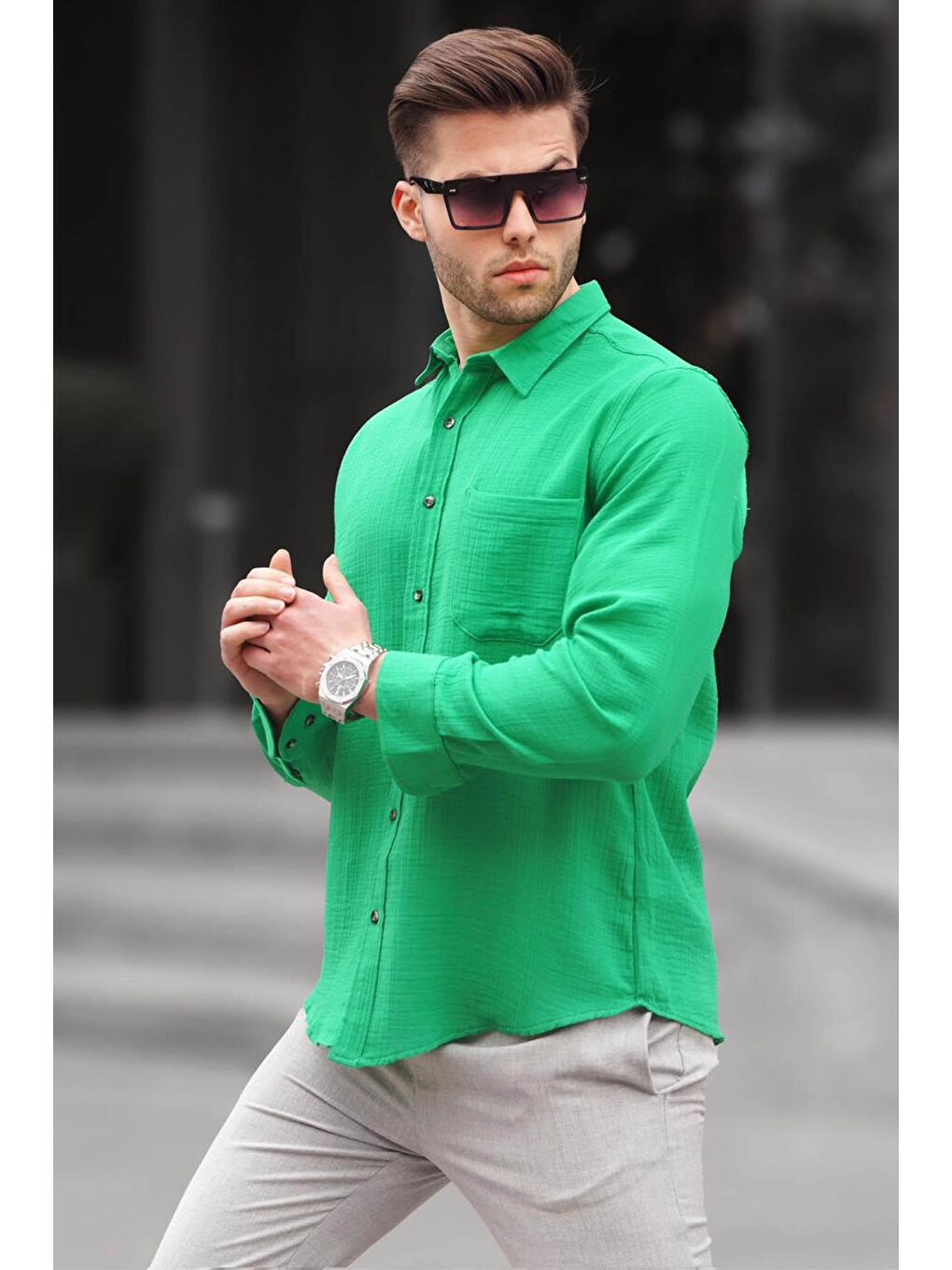 Yeşil Relaxed Fit Müslin Kumaş Erkek Gömlek 5587