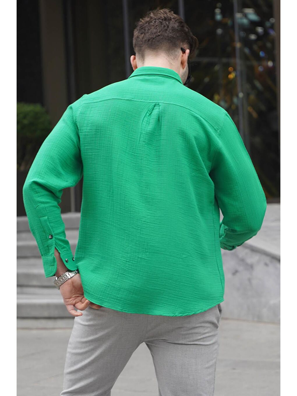 Yeşil Relaxed Fit Müslin Kumaş Erkek Gömlek 5587-1