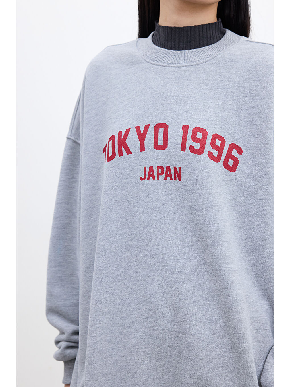 Baskı Detaylı Oversize Sweatshırt Gri Melanj-1