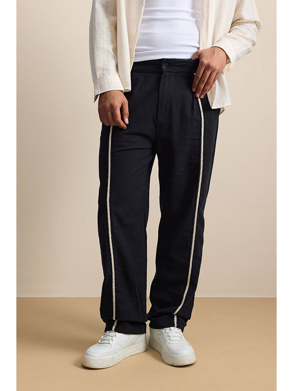 Erkek Baggy Keten Şerit Detaylı Lastik Bel Pantolon Siyah-2