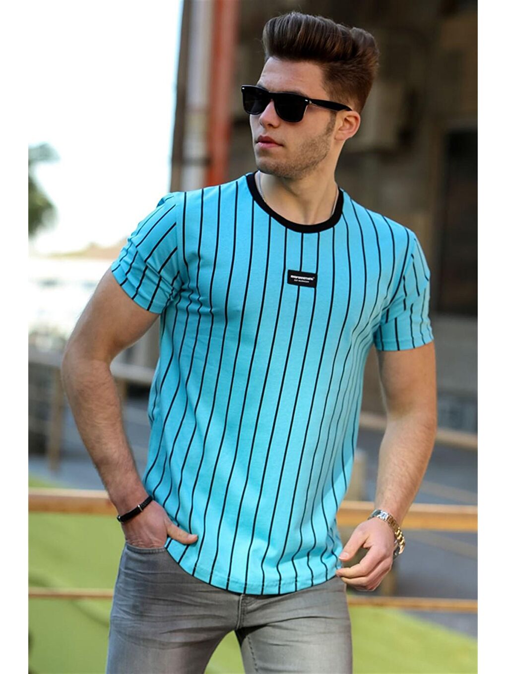 Çizgili Mavi Erkek Tişört 4522