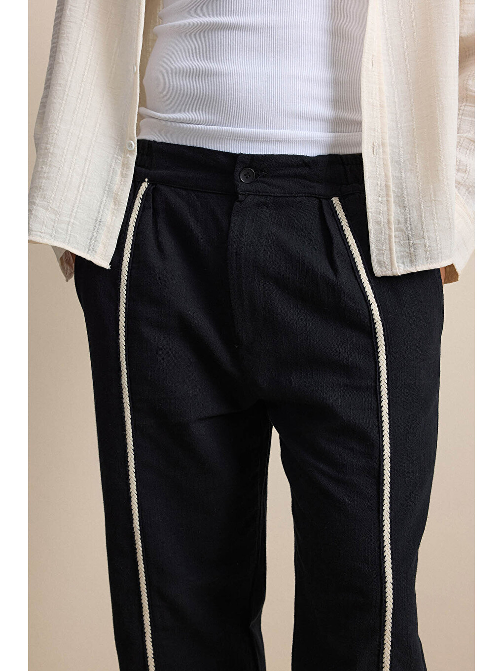 Erkek Baggy Keten Şerit Detaylı Lastik Bel Pantolon Siyah-3
