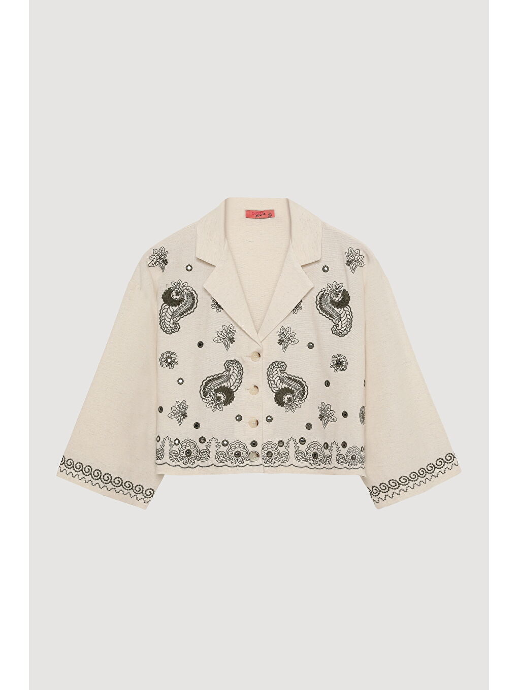 Bej Nakış Desenli Düğmeli V Yaka Keten Gömlek Naturel-1