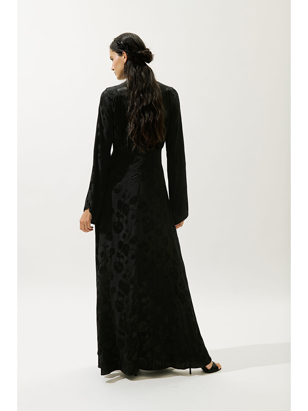 Jakarlı Saten Abiye Elbise Siyah-5