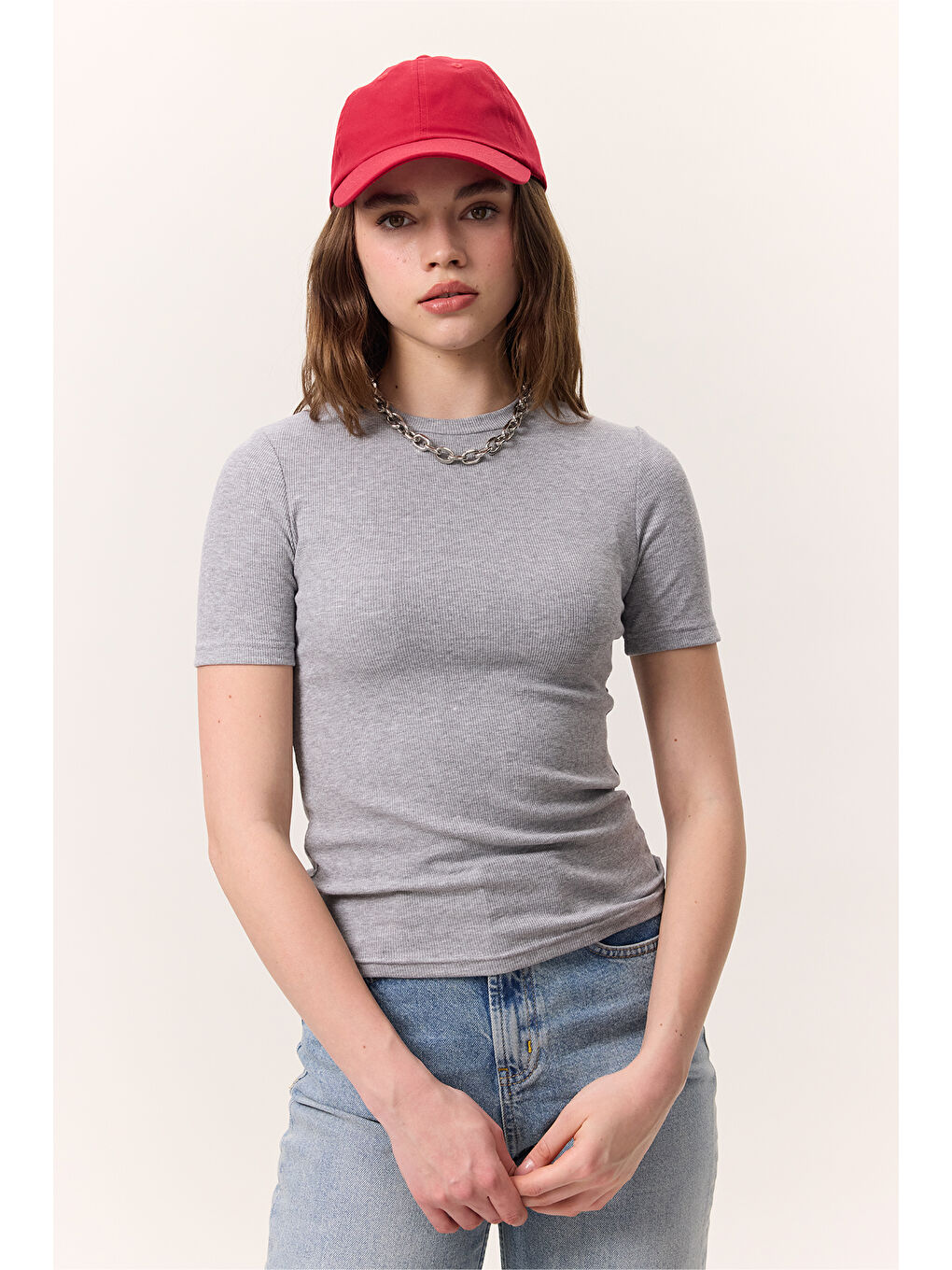 Kısa Kollu Rıbana Body Gri Melanj