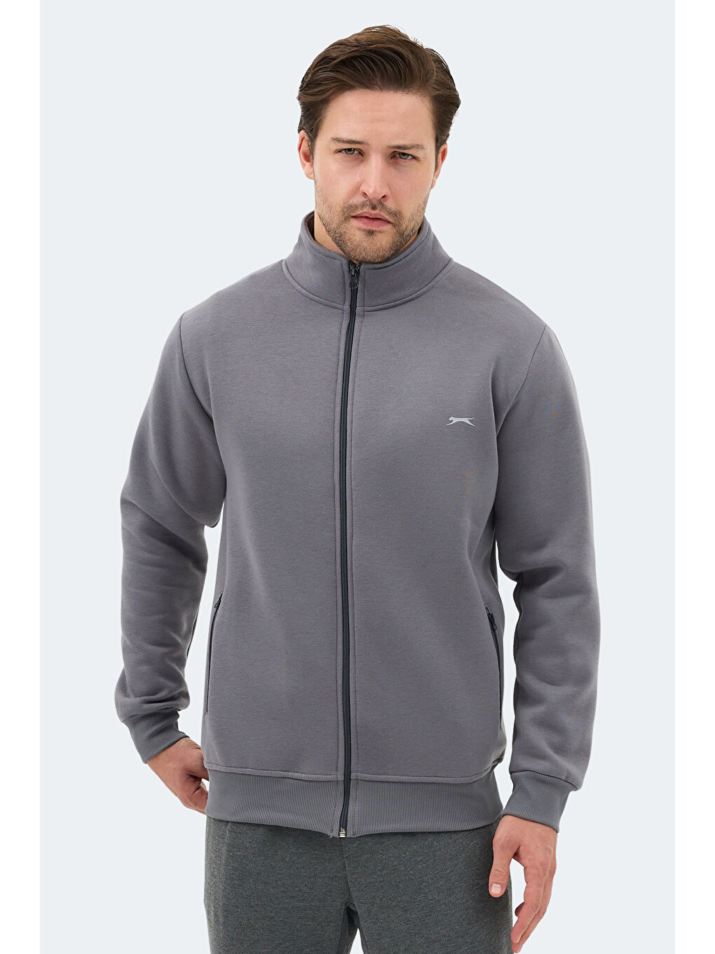 MENDOZA I   Dik Yaka Cepli Gri Erkek Polar Fermuarlı Sweatshirt Hırka