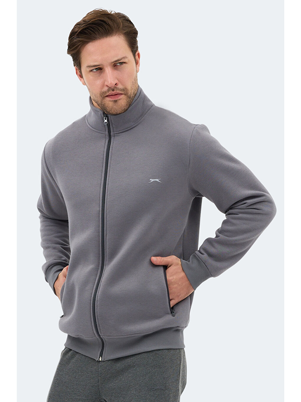 MENDOZA I   Dik Yaka Cepli Gri Erkek Polar Fermuarlı Sweatshirt Hırka-4