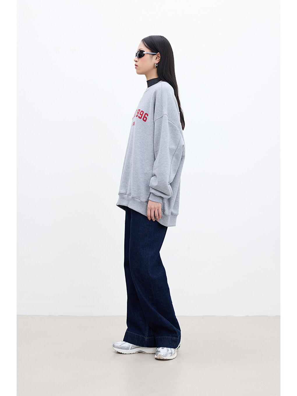 Baskı Detaylı Oversize Sweatshırt Gri Melanj-3