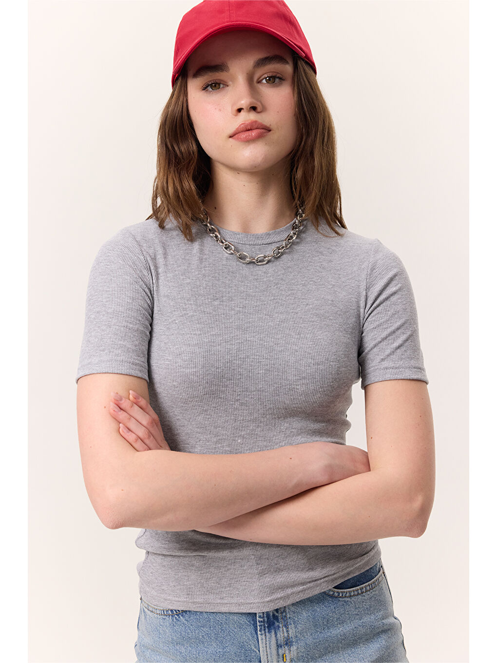 Kısa Kollu Rıbana Body Gri Melanj-1