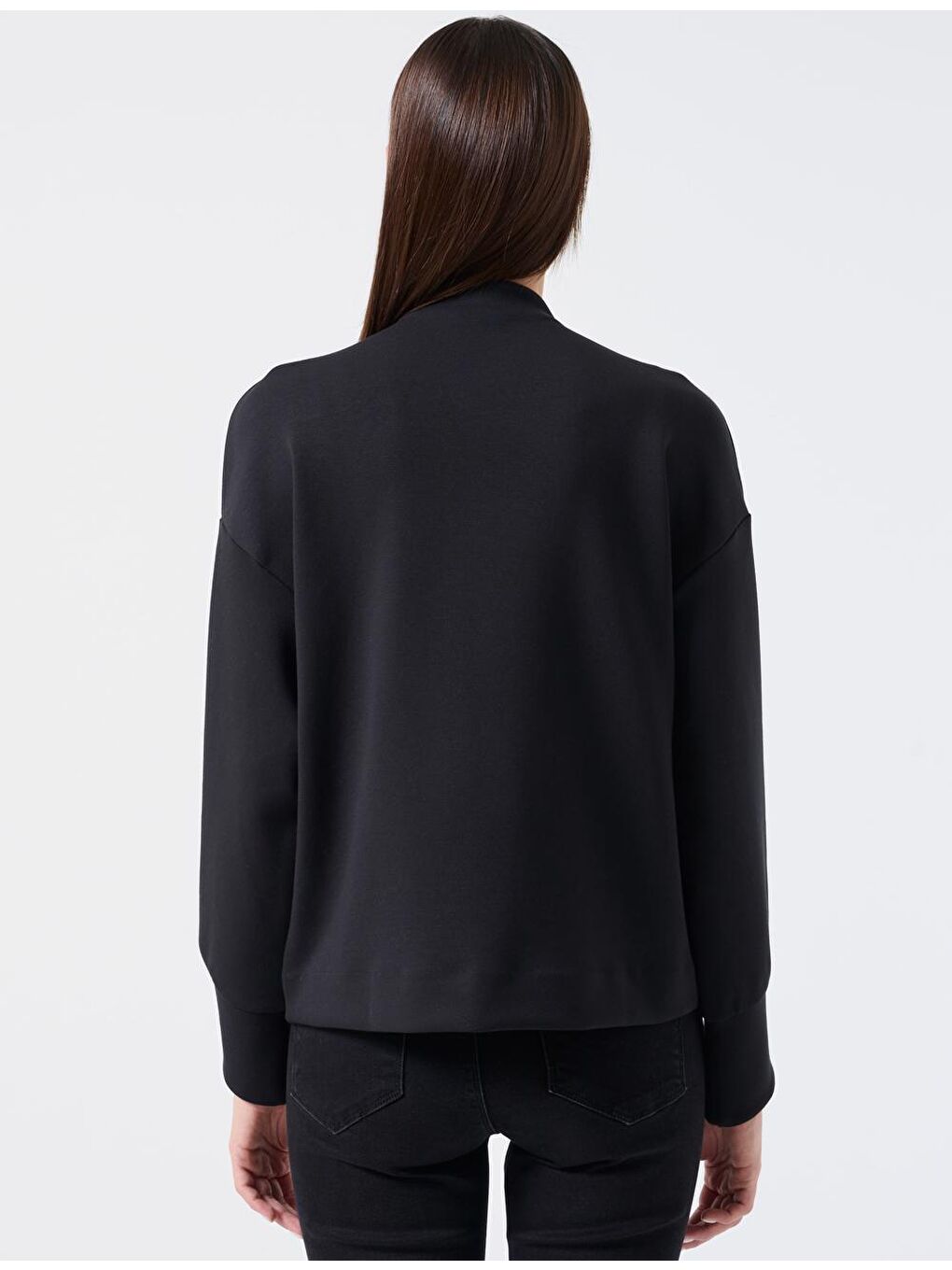 Siyah Düz Kesim Dik Yaka Uzun Kollu Örme Sweatshirt-4