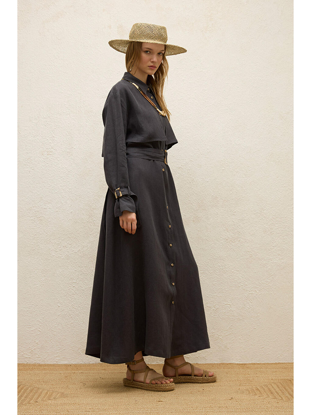 Keten Trenç Tarz Elbise Antrasit-6