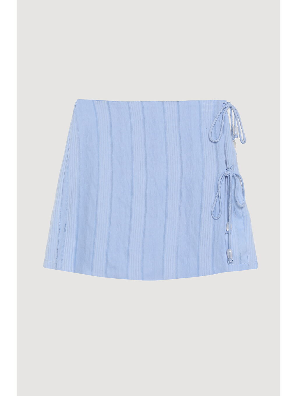 İnce Çizgili Bağlama Detaylı Şort Etek Mavi-1