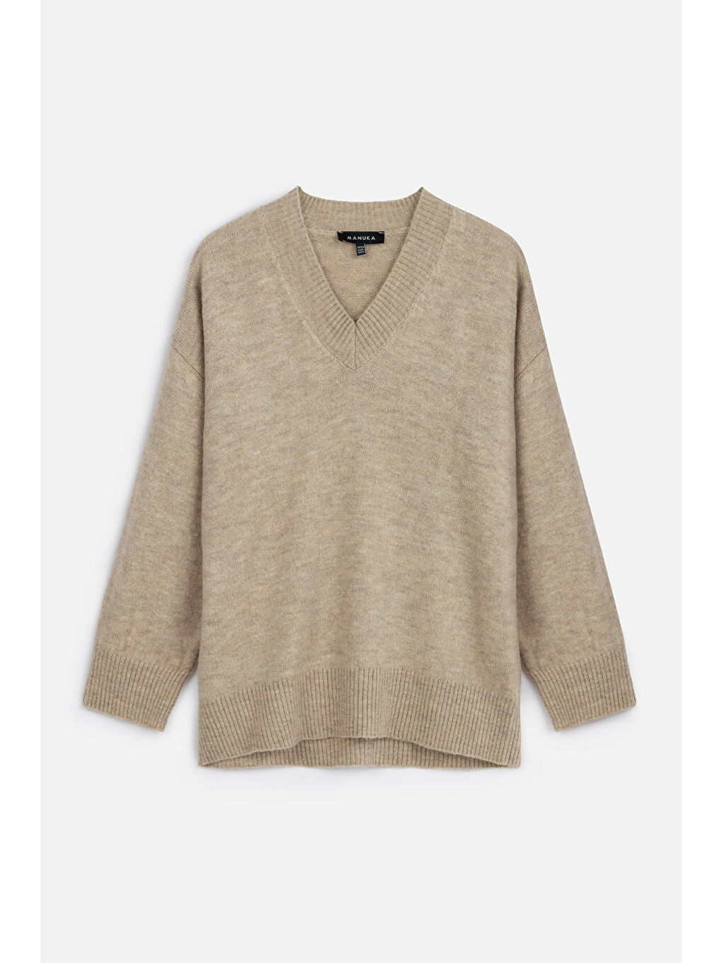 Düz Örgü V Yaka Triko Kazak Bej-1