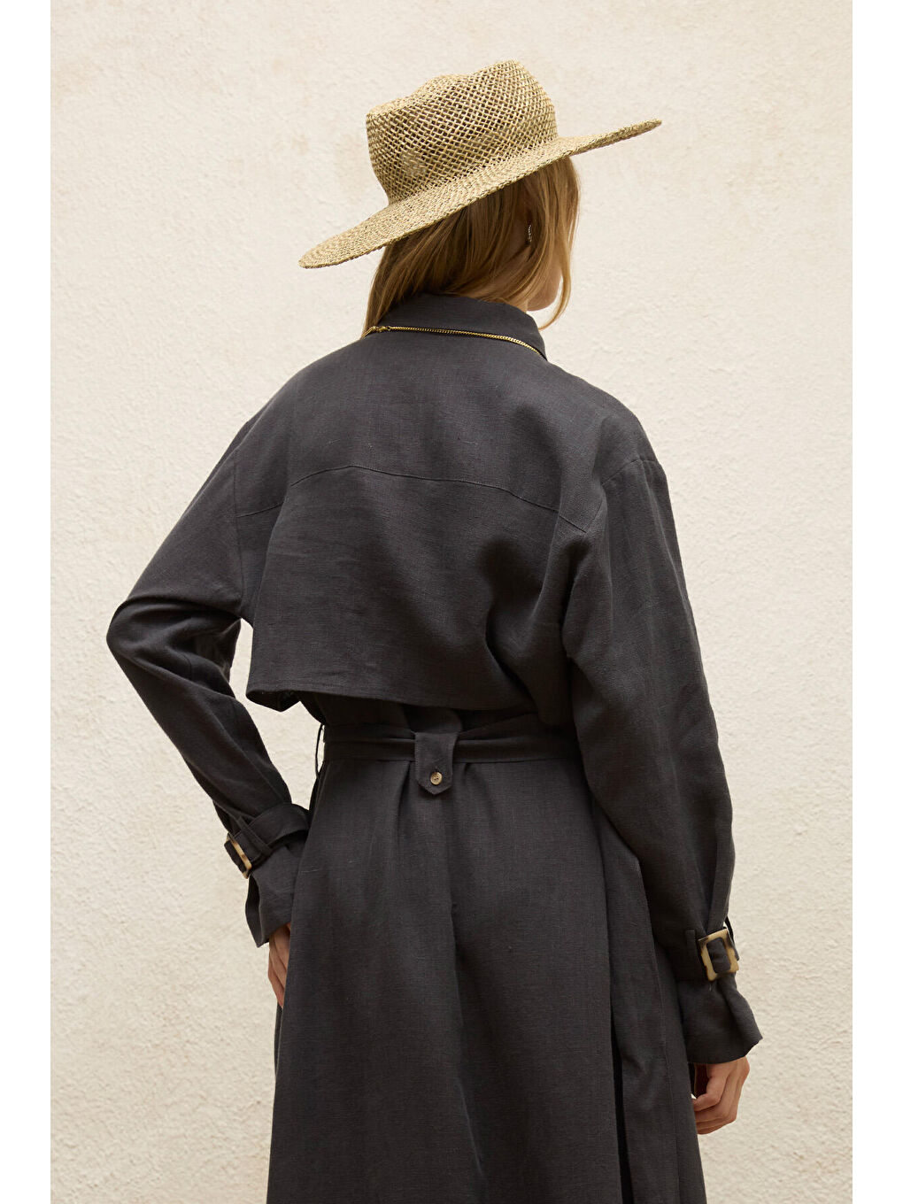 Keten Trenç Tarz Elbise Antrasit-7