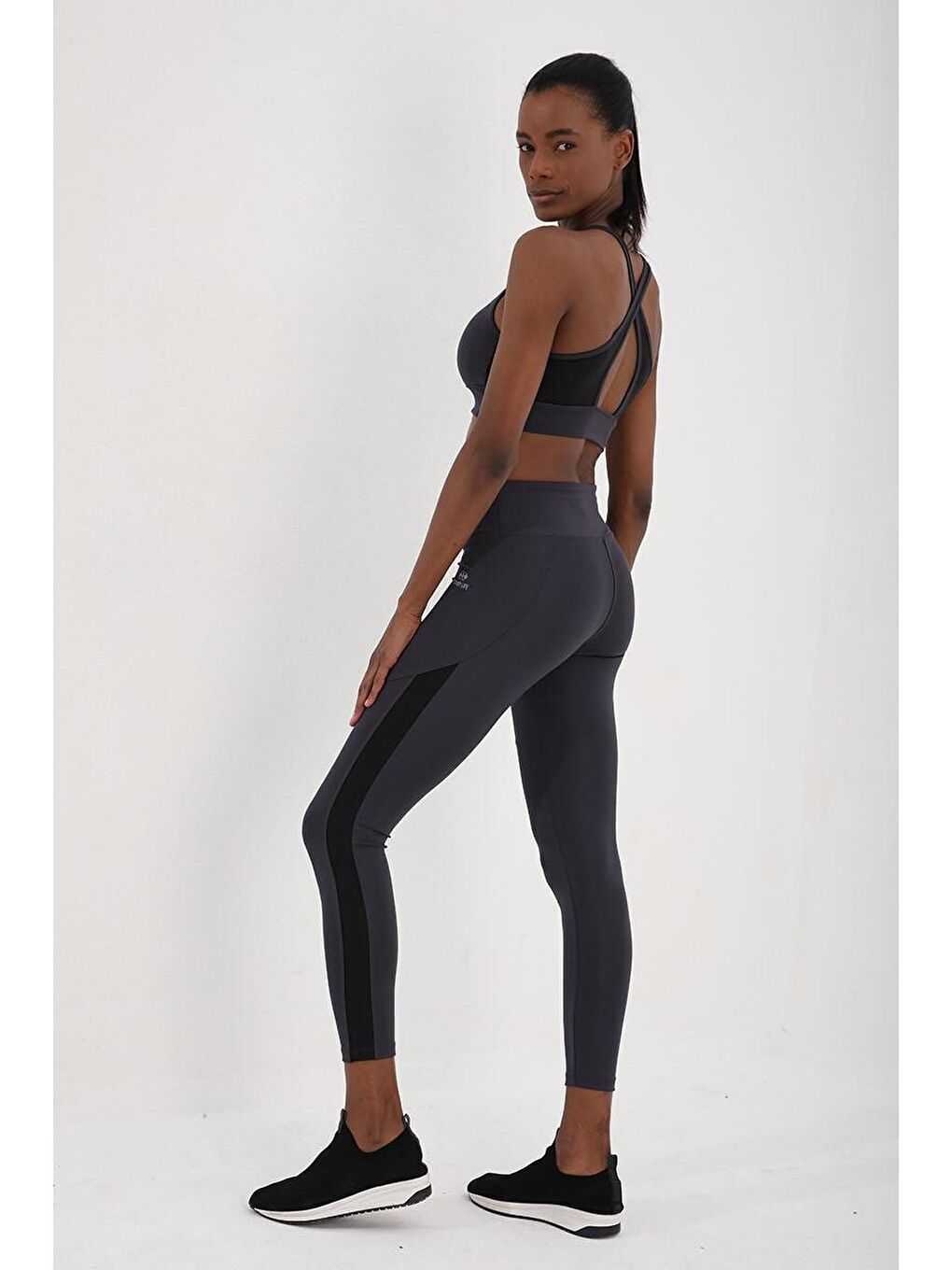 Antrasit Yüksek Bel Toparlayıcı Şerit Detaylı Slim Fit Dar Paça Kadın Tayt - 94542