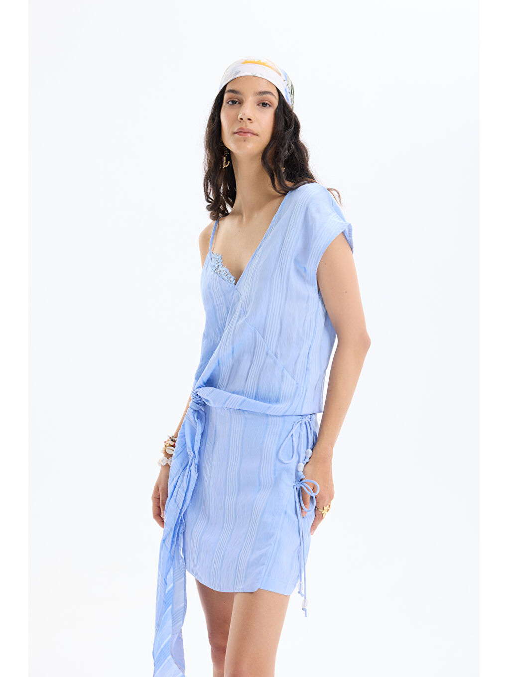 İnce Çizgili Bağlama Detaylı Şort Etek Mavi-2