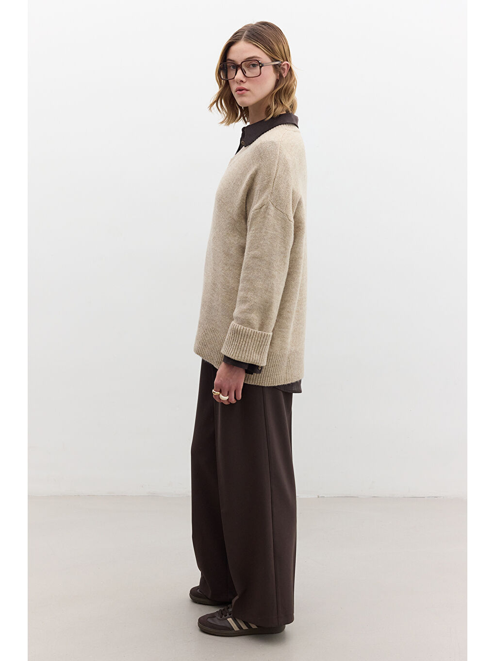 Düz Örgü V Yaka Triko Kazak Bej-5