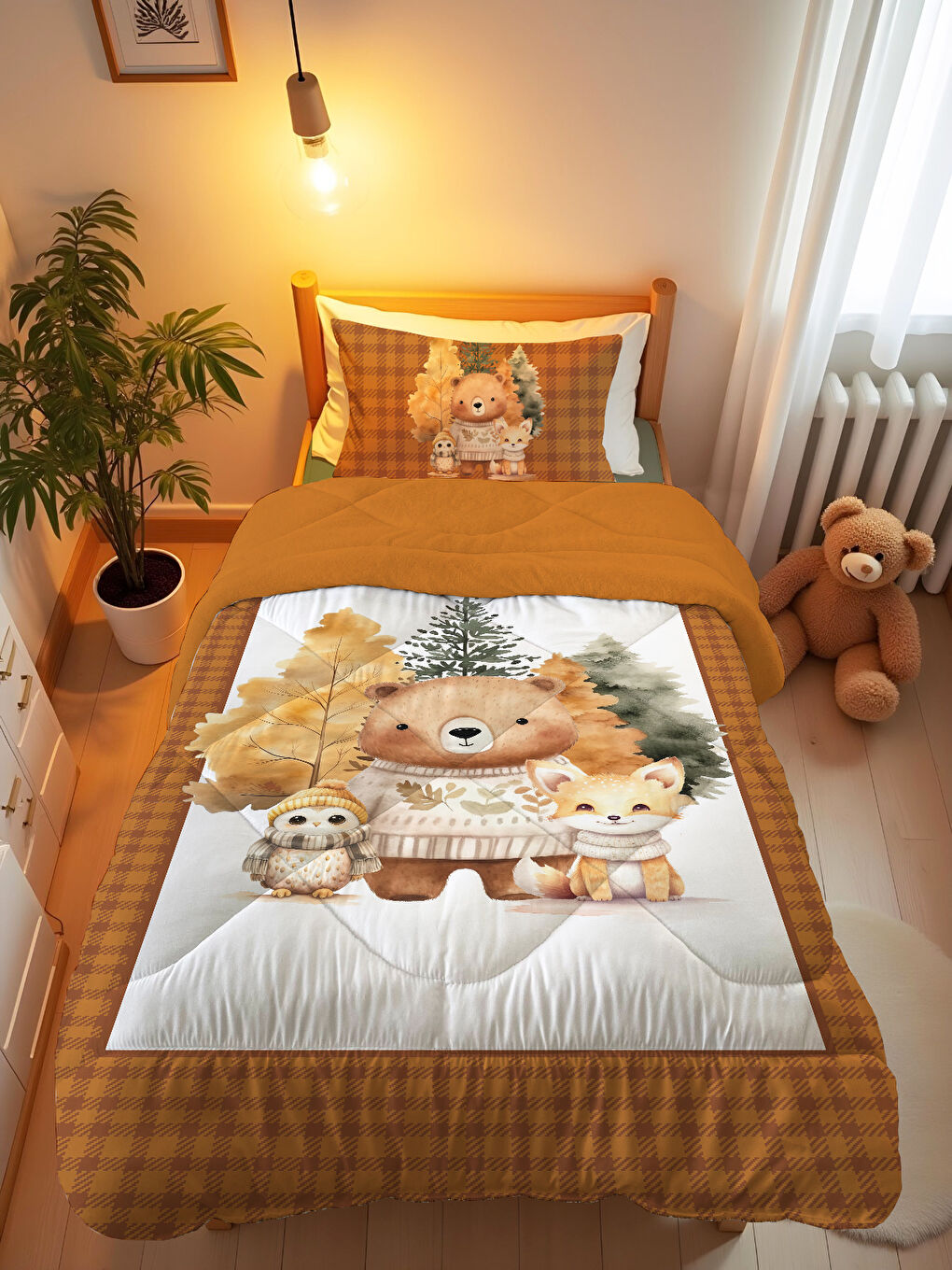 Karışık Sevimli Hayvanlar Desenli Tek Kişilik Yorgan Uyku Seti 160x220 cm-2