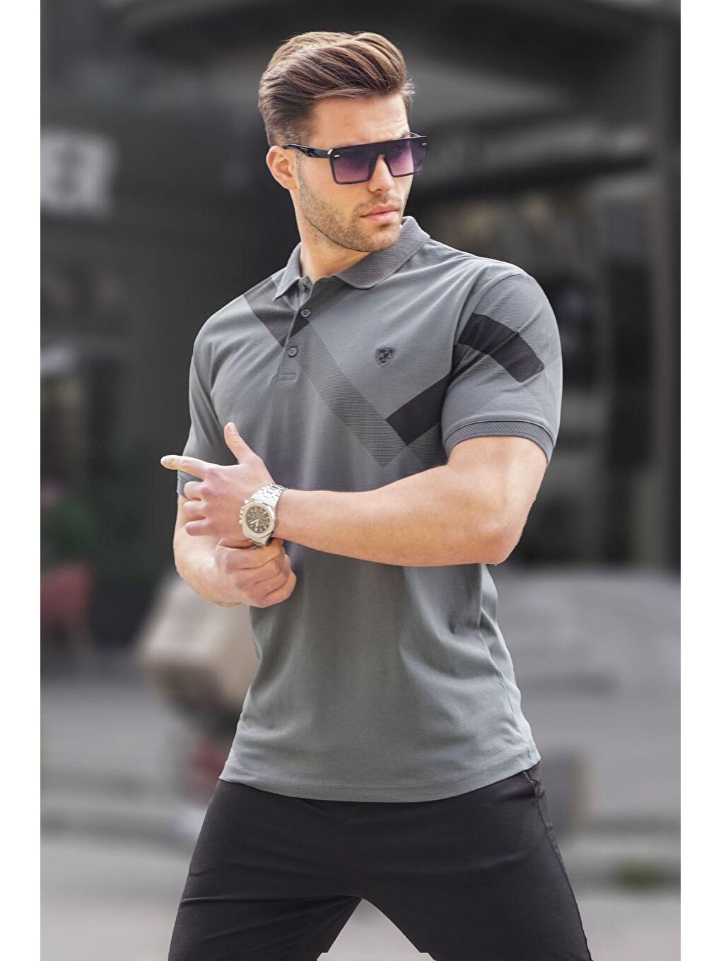 Gri Füme Desenli Polo Yaka Erkek Tişört 6081