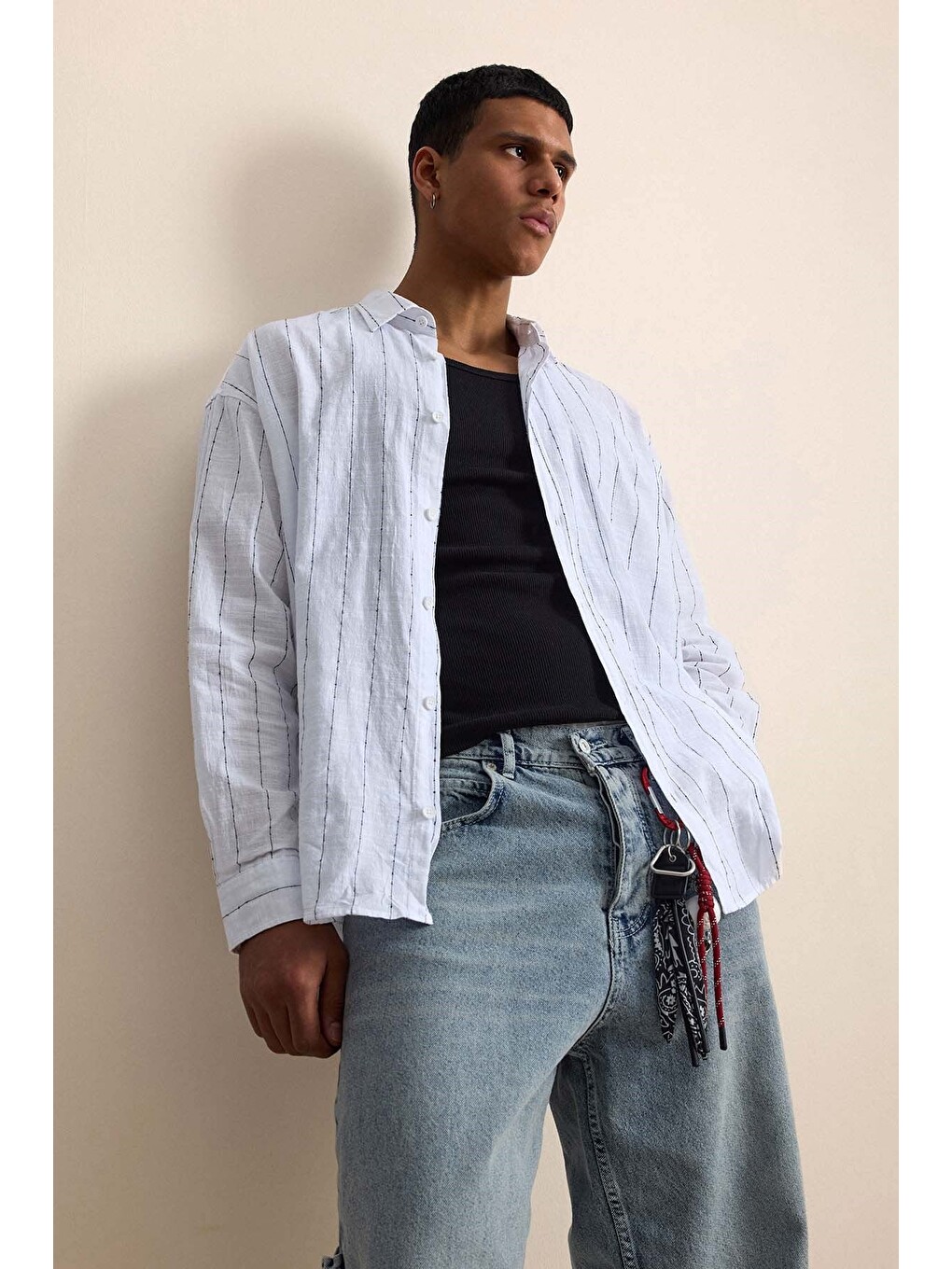 Erkek Oversize Çizgili Keten Uzun Kollu Gömlek Beyaz-4
