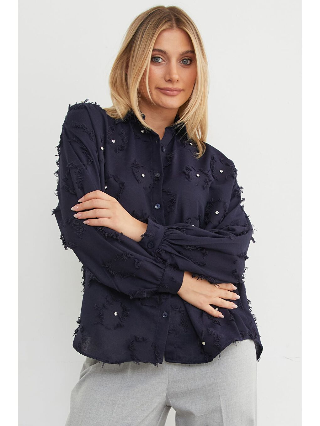 Lacivert Taş işlemeli Püsküllü Arkası Uzun Salaş Gömlek-3