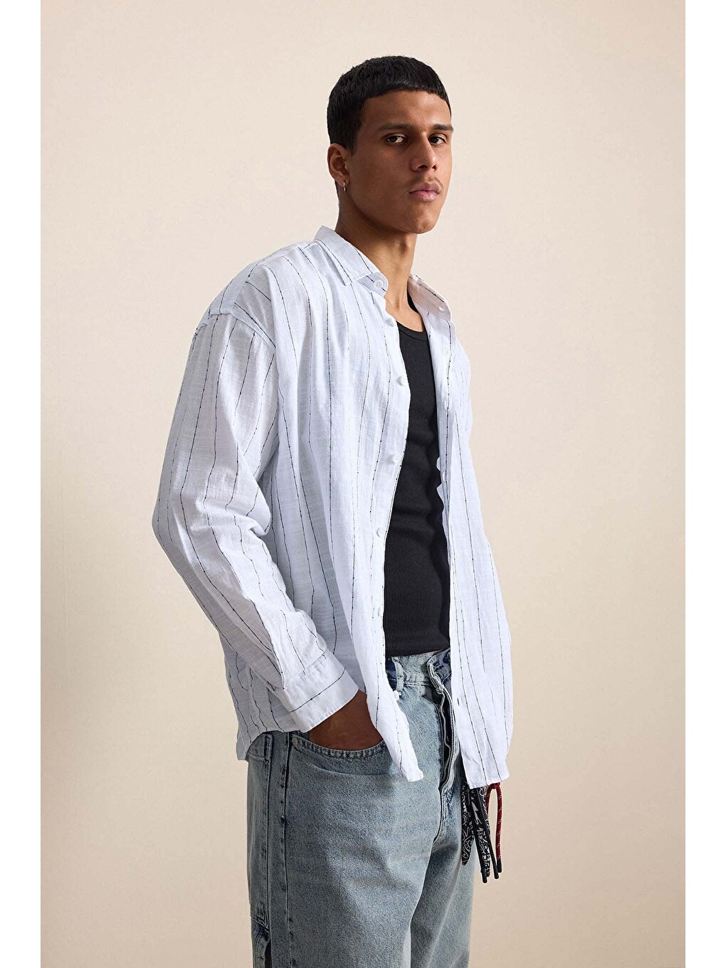 Erkek Oversize Çizgili Keten Uzun Kollu Gömlek Beyaz-5