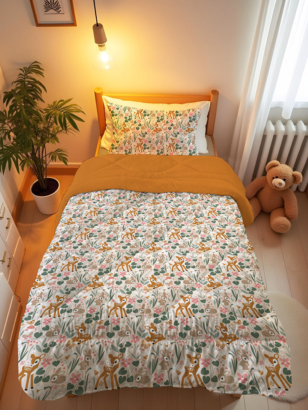 Karışık Minik Geyikler Desenli Tek Kişilik Yorgan Uyku Seti 160x220 cm-2