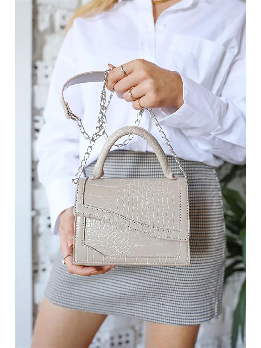 Bej Kroko Mini Tote Çanta Vizon