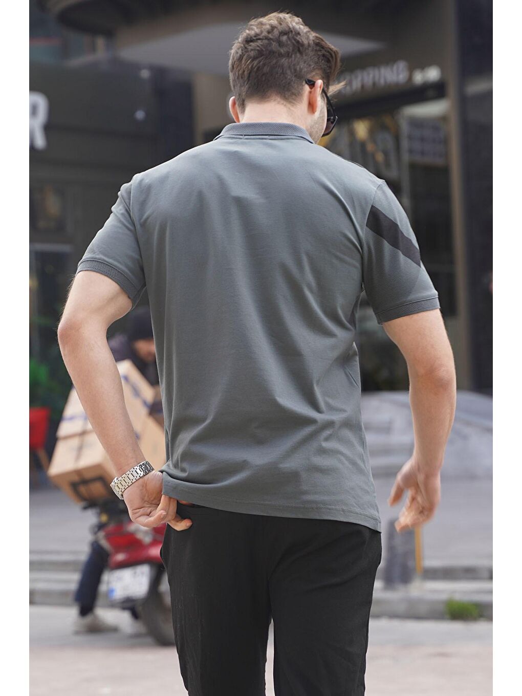 Gri Füme Desenli Polo Yaka Erkek Tişört 6081-1