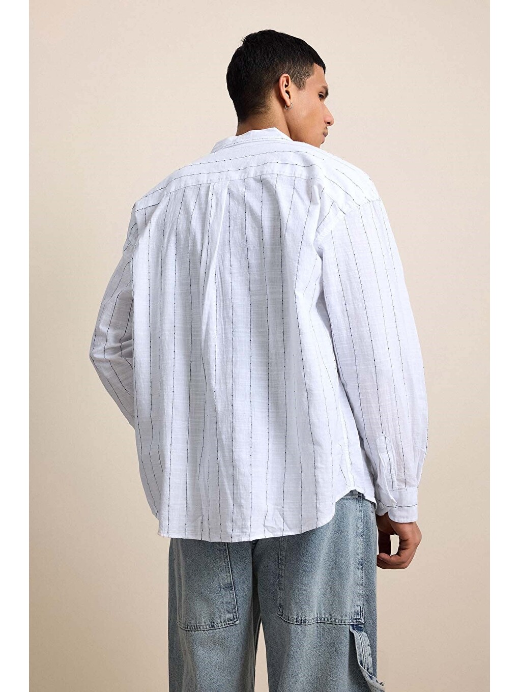 Erkek Oversize Çizgili Keten Uzun Kollu Gömlek Beyaz-6