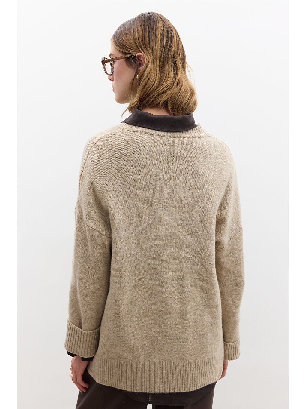 Düz Örgü V Yaka Triko Kazak Bej-6