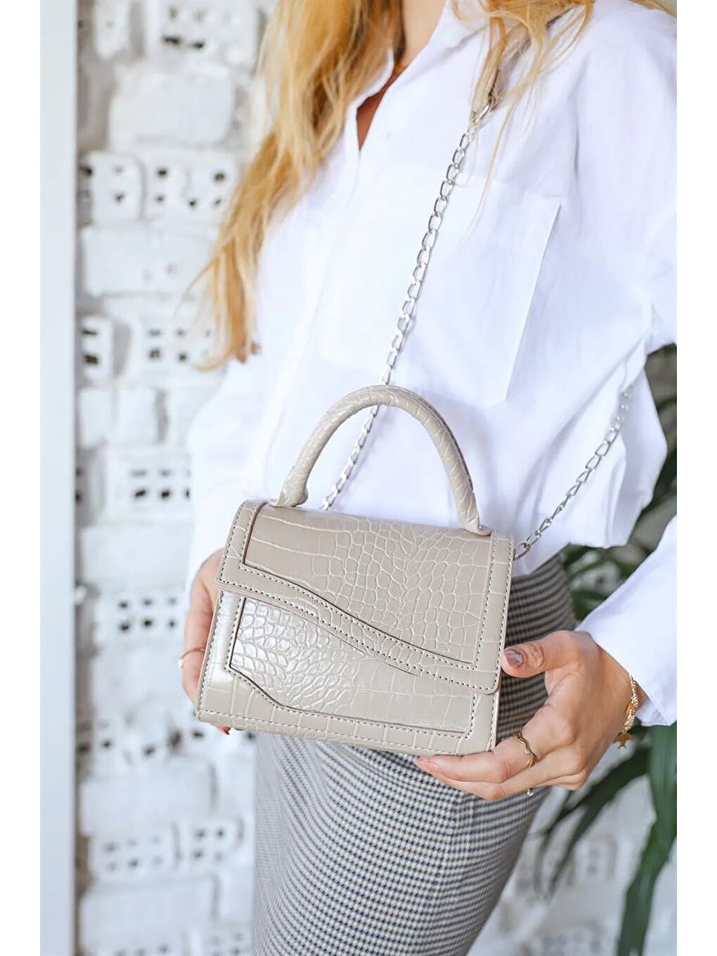 Bej Kroko Mini Tote Çanta Vizon-1