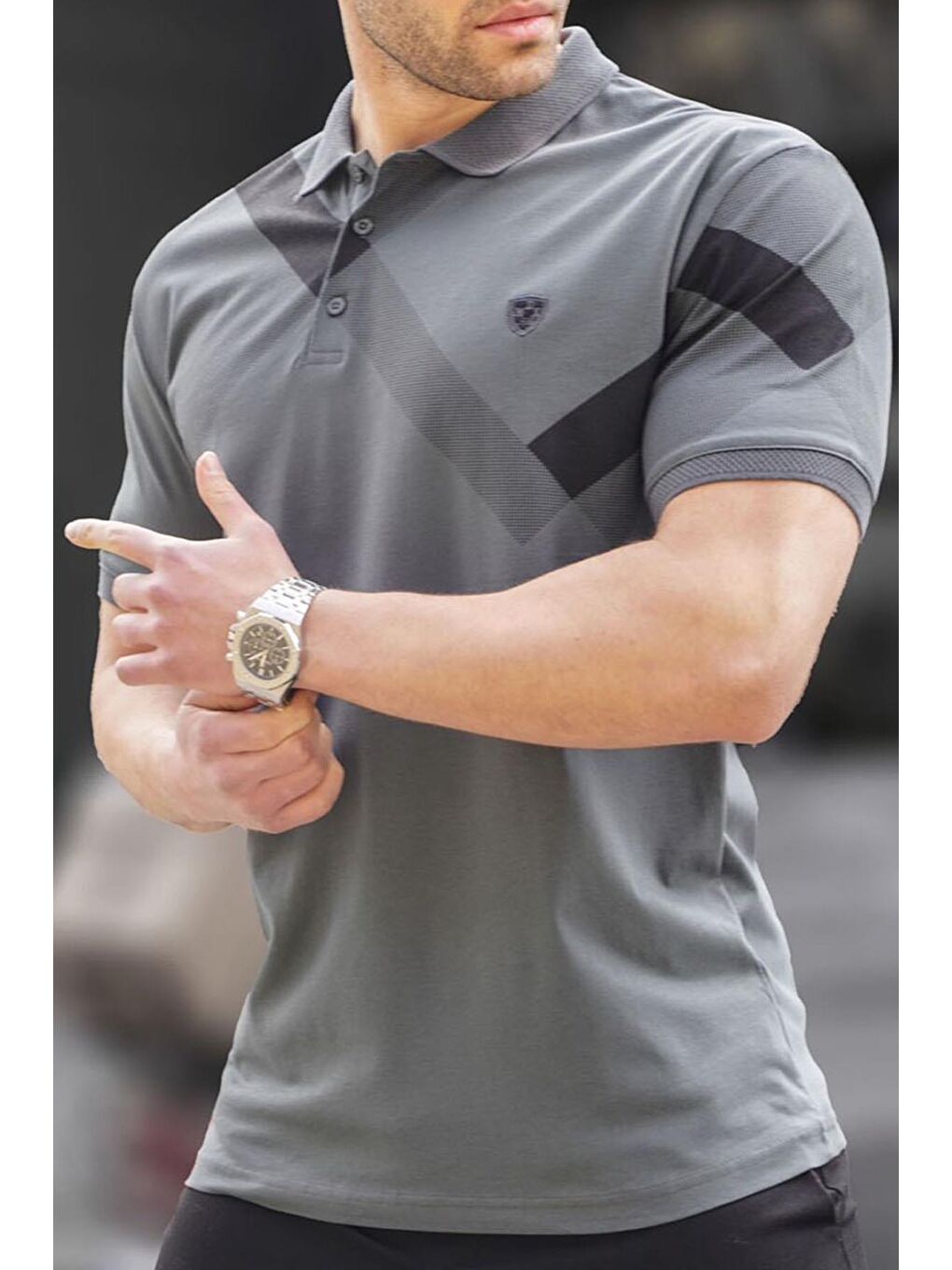 Gri Füme Desenli Polo Yaka Erkek Tişört 6081-2