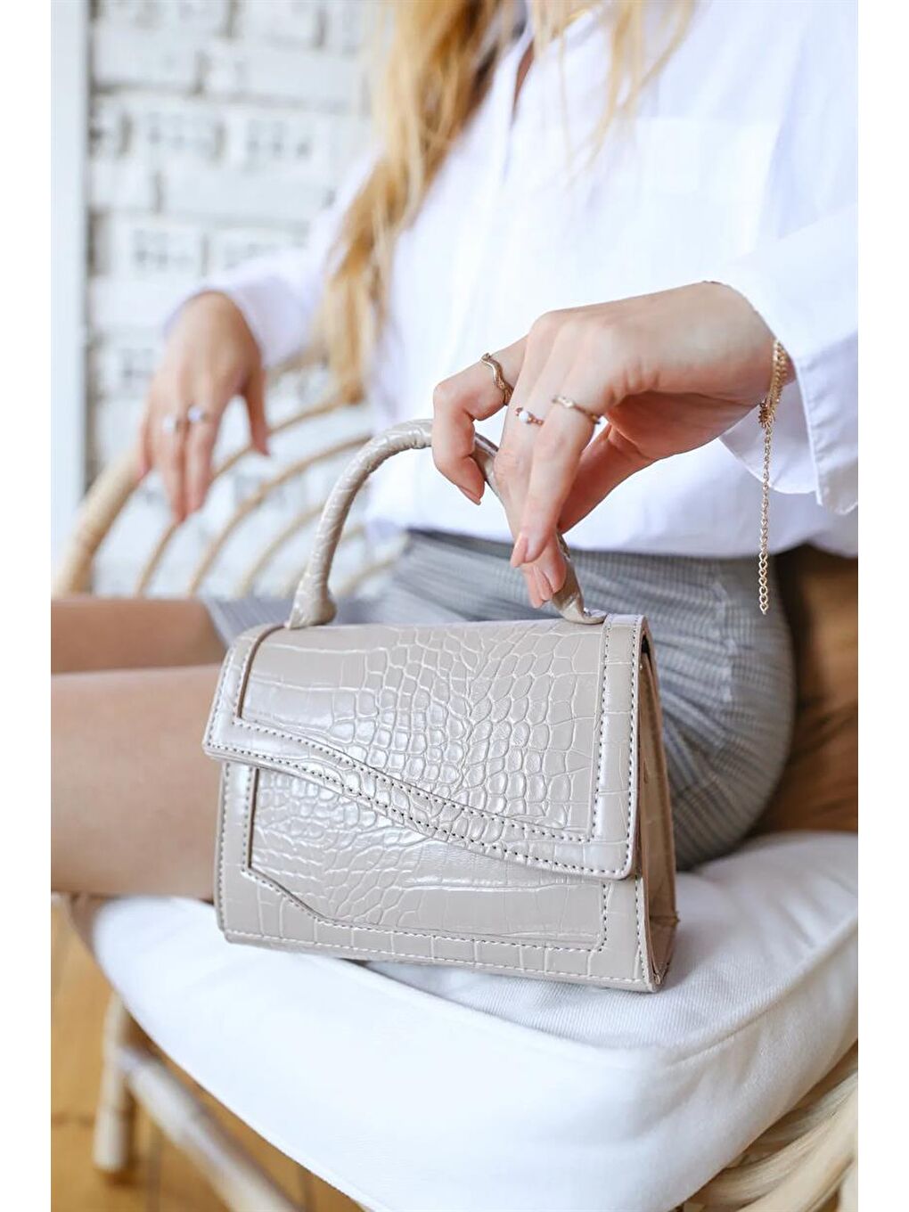 Bej Kroko Mini Tote Çanta Vizon-2