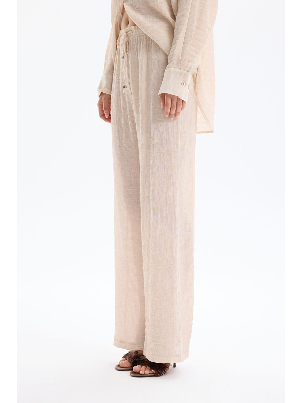 Bej Lastikli Bel Dokulu Pantolon Taş-2