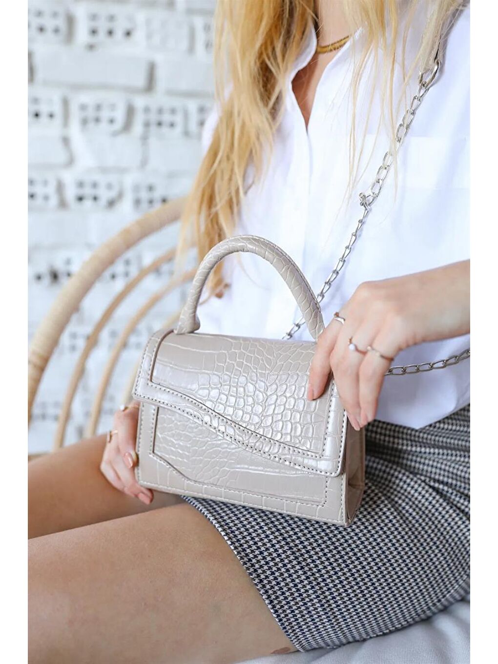 Bej Kroko Mini Tote Çanta Vizon-3