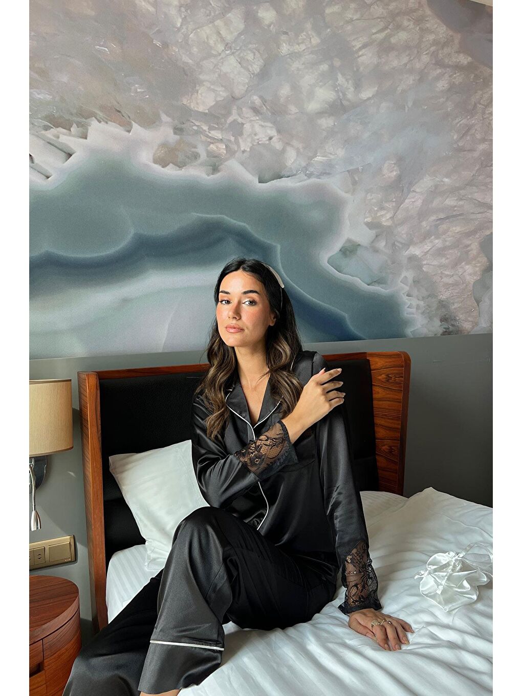 5'li Saten Kol Ucu Dantelli  Siyah Pijama Takım-1