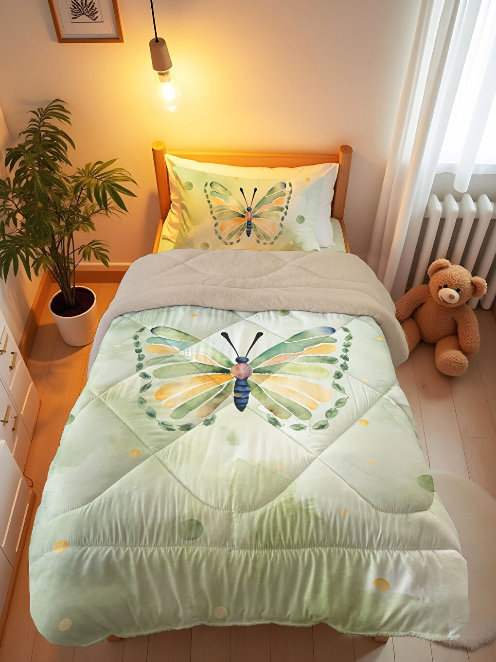 Karışık Tek Kişilik Kelebek Desen 160x220 Cm Welsoft Çift Taraflı Silikon Yorgan Ve Uyku Seti