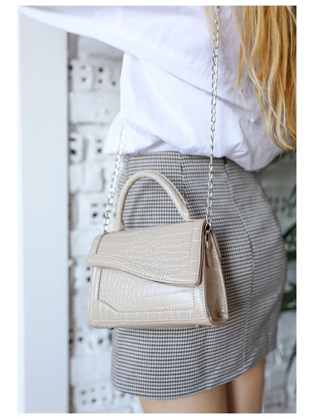 Bej Kroko Mini Tote Çanta Vizon-4