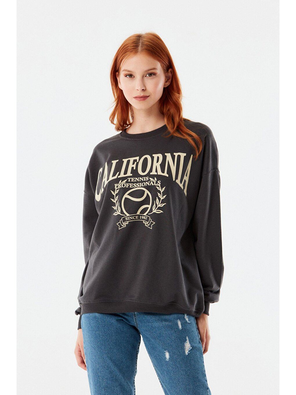 Antrasit California Baskılı Bisiklet Yaka Sweatshirt