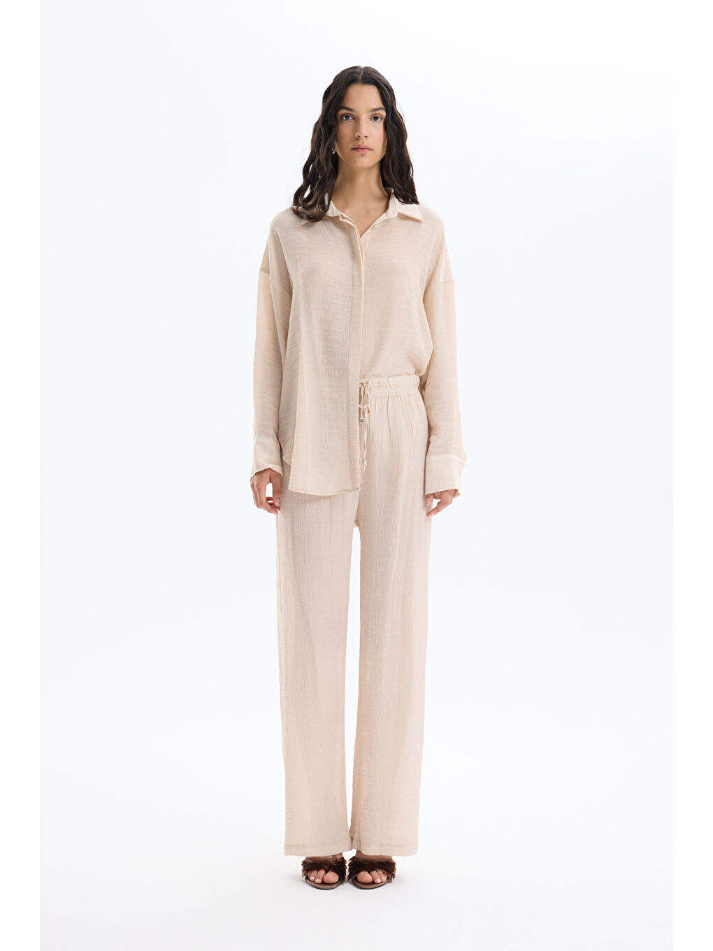 Bej Lastikli Bel Dokulu Pantolon Taş-3