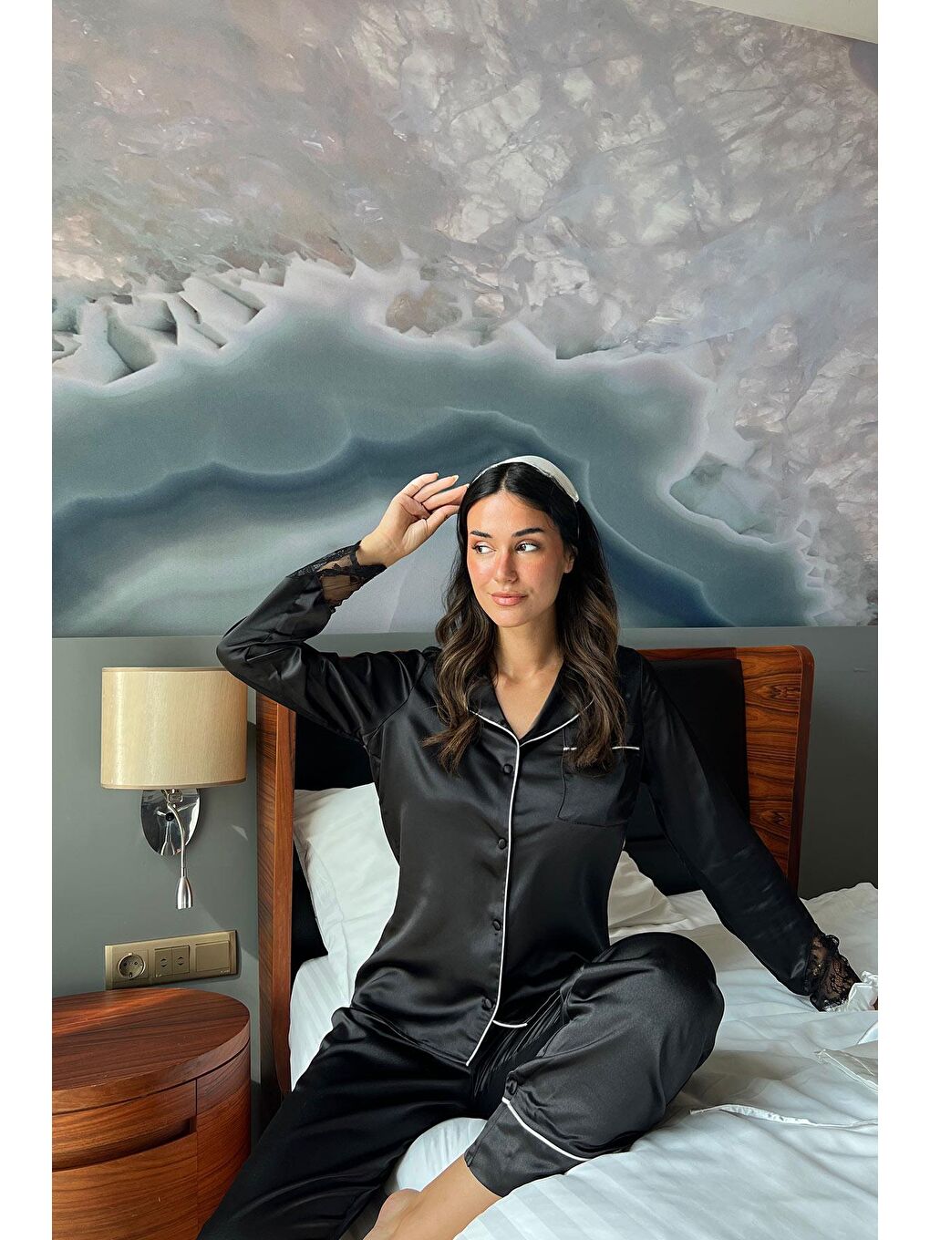 5'li Saten Kol Ucu Dantelli  Siyah Pijama Takım-2