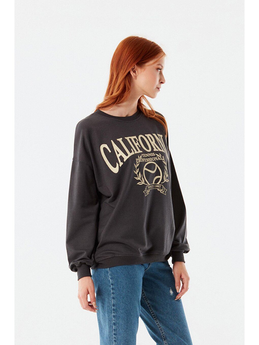 Antrasit California Baskılı Bisiklet Yaka Sweatshirt-1