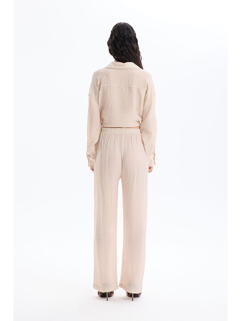 Bej Lastikli Bel Dokulu Pantolon Taş-4