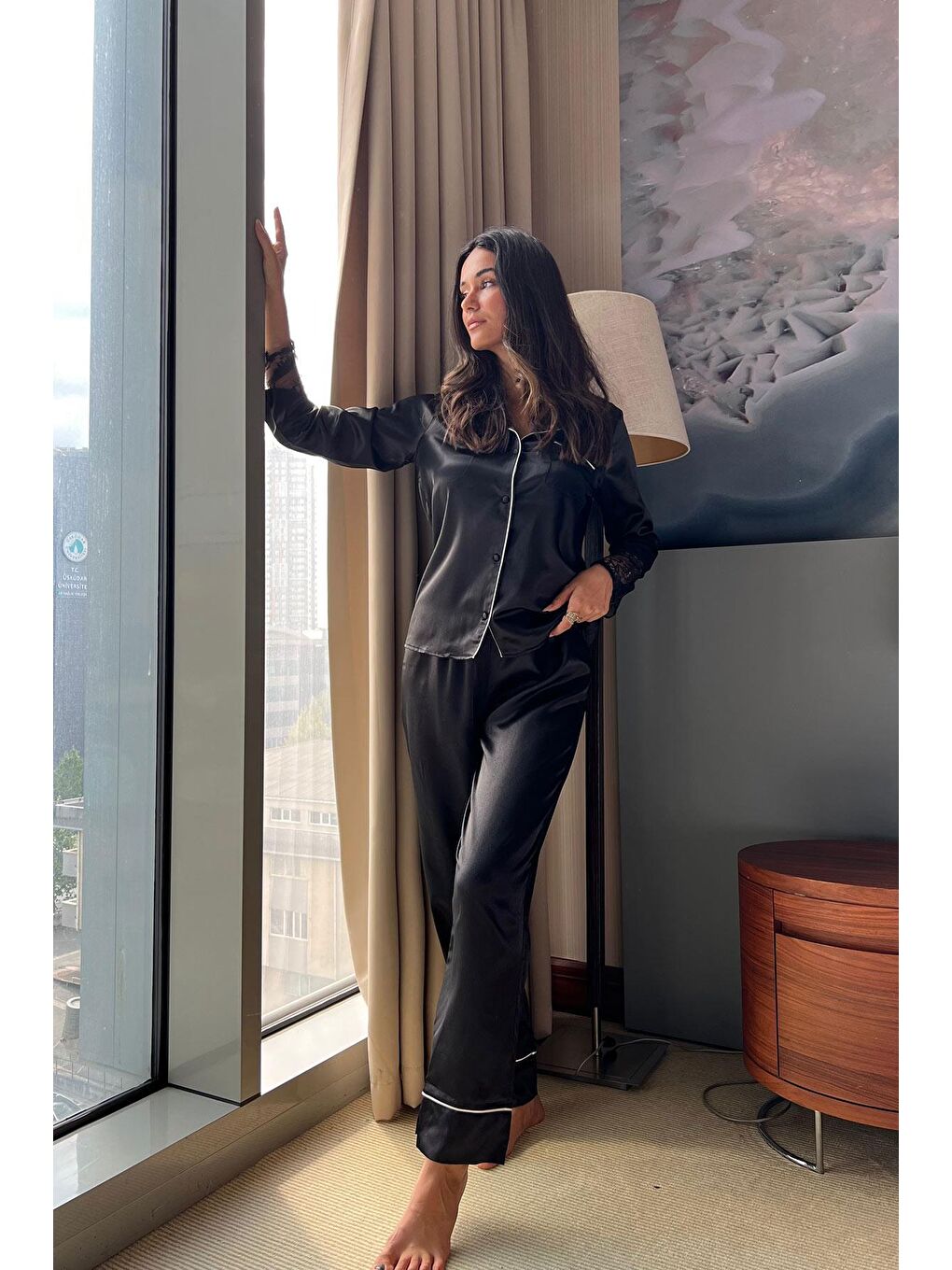 5'li Saten Kol Ucu Dantelli  Siyah Pijama Takım-3