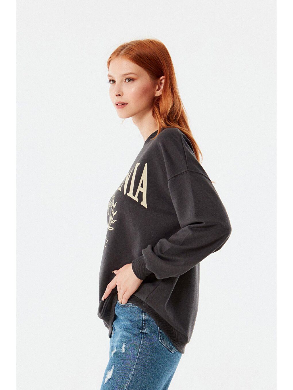 Antrasit California Baskılı Bisiklet Yaka Sweatshirt-2